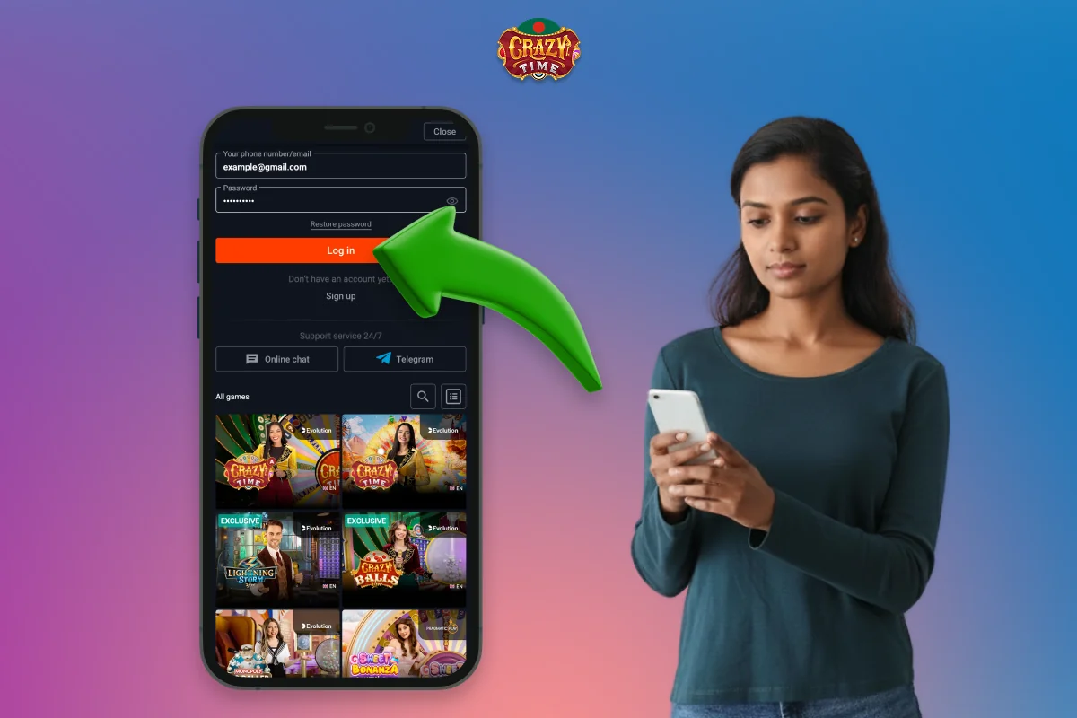 To log in to your personal account for the Crazy Time game, you must use the same details that you provided during registration