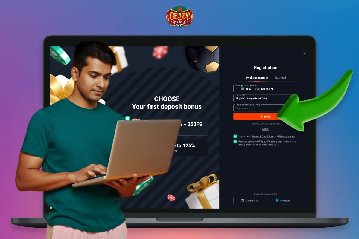 Registering at a casino to play Crazy Time doesn't take long